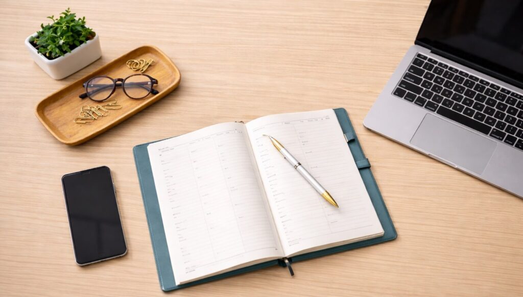 Overzichtelijke werkplek met agenda, laptop en smartphone